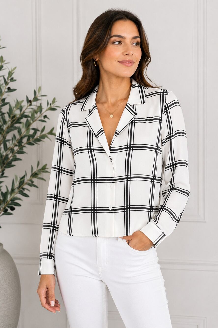 Leith Black White Windowpane Check Button Front Blouse Notched Collar L/S - Picture 1 of 10